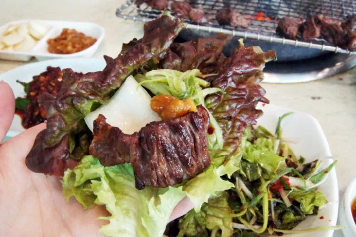 Marinated hanwoo galbi with greens
