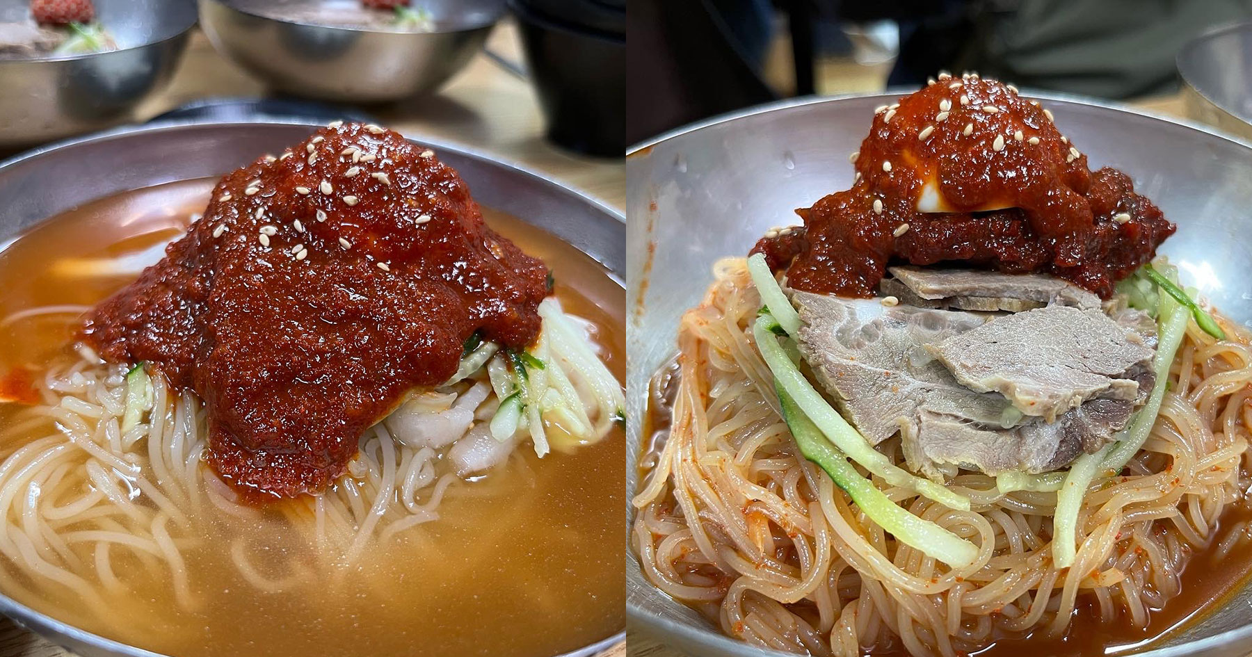 Cold milmyeon and spicy bibim milmyeon at Naeho Naengmyeon in Uam-dong, Busan