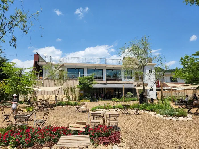 Main building and outdoor garden of Gamzabatt potato bread cafe in Chuncheon