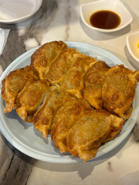 Taesan Mandu a plate of crispy pan-fried gunmandu dumplings