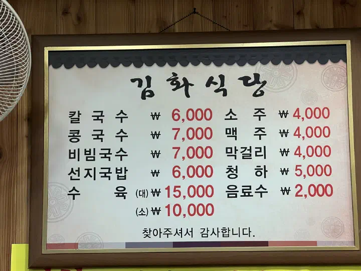Framed price board at Kimhwa Kalguksu listing kalguksu, kongguksu, bibimguksu, seonji gukbap and suyuk