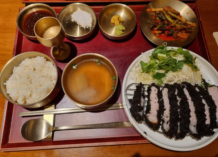 Pork cutlet set at Apgujeong Sanghoe served with rice, radish soup and shredded cabbage salad