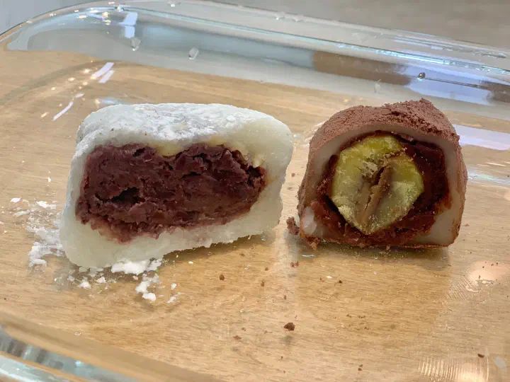 Cross-section of Chamsoon Chaltteokbang mochi showing red bean paste and a whole chestnut