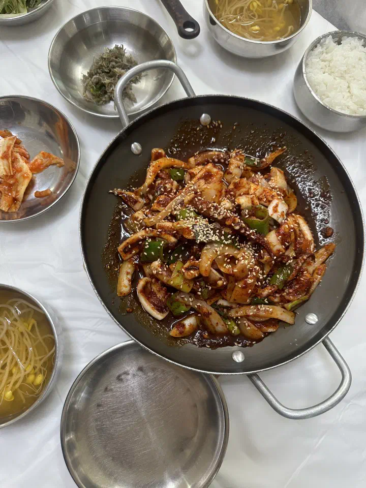 Single serving of ojingeo bokkeum stir-fried squid with bean sprout soup and steamed rice