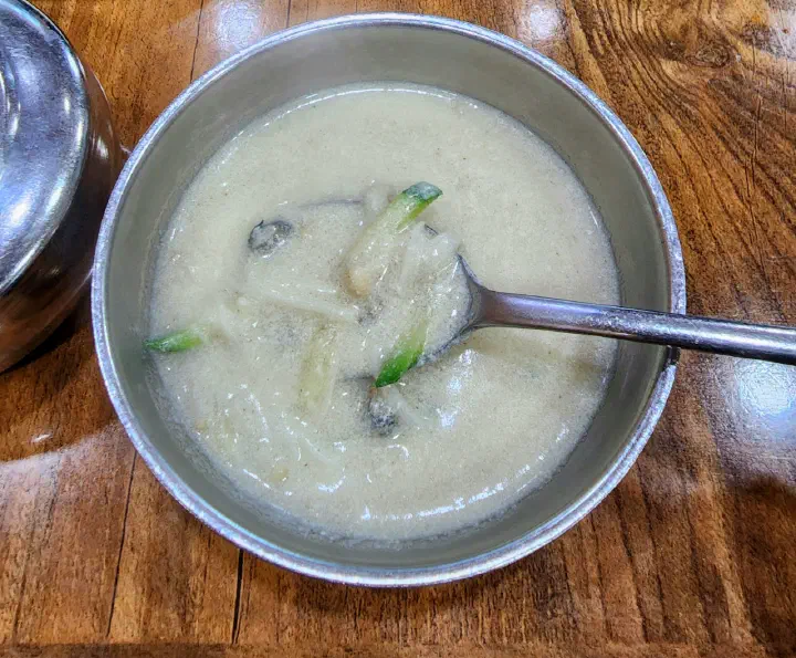 Close-up of the perilla soup broth