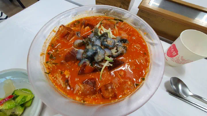 A full bowl of Gwangbeomine mulhoe in a red chojang-based chilled broth