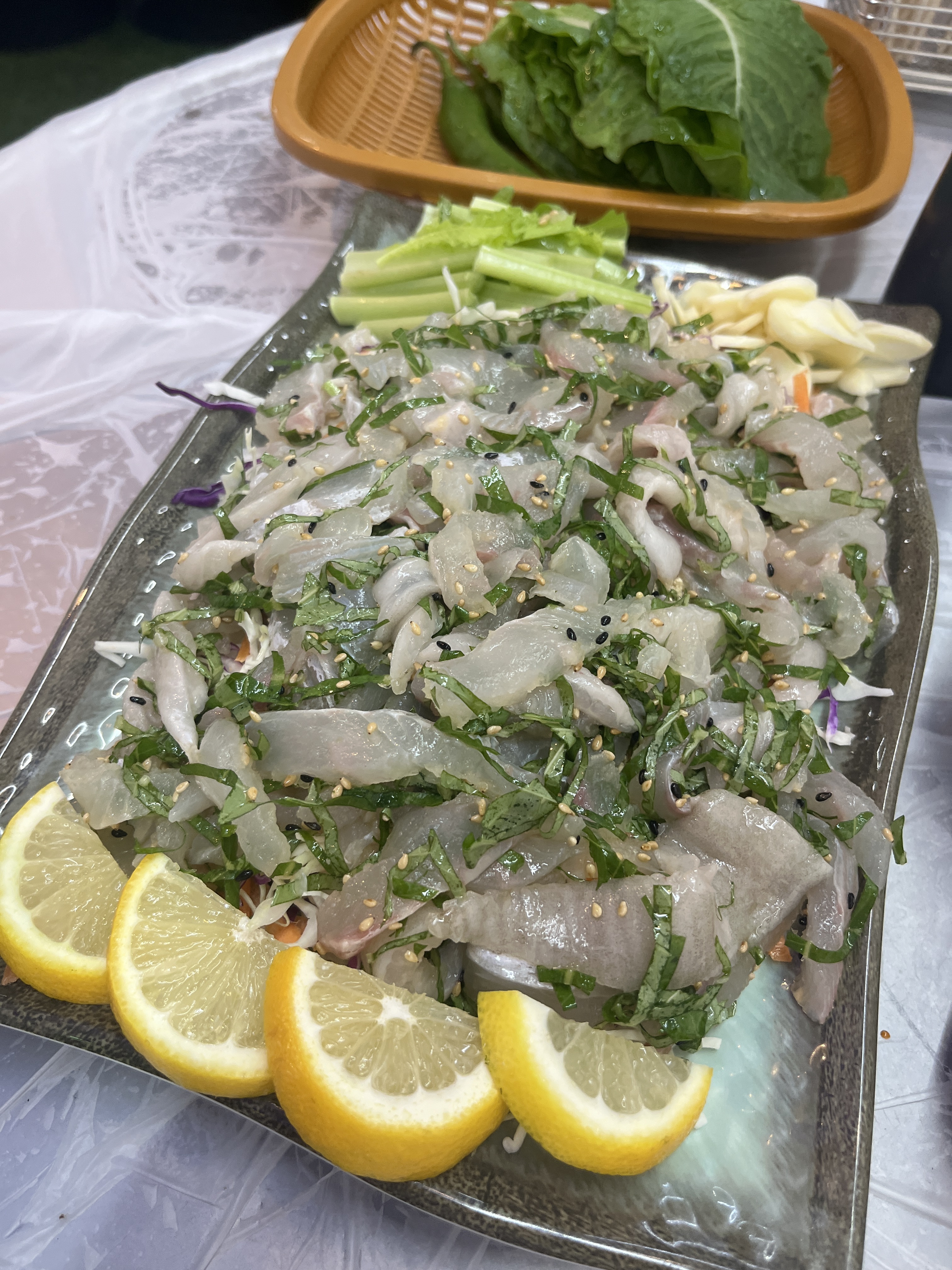 Flatfish makhoe, generous flatfish sashimi with greens
