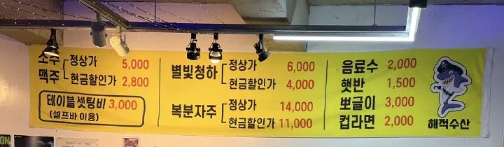 그날 시세로 운영되는 해적수산 벽면 메뉴판