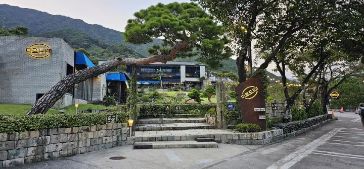 Entrance sign and pine tree at The Road 101 garden cafe in Hadong