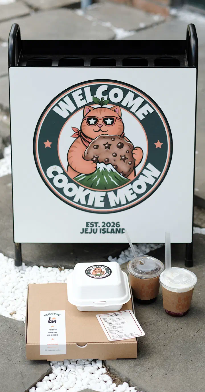 Cookiemeow cookie gift box set packaged with the shop’s cat character banner
