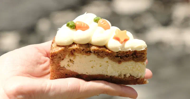 Cross-section of the Gujwa carrot cookie pie showing a cake-like cream cheese layer