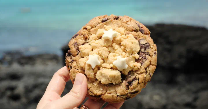 Udo peanut soboro cookie with a thick streusel topping, held in front of the Jeju sea