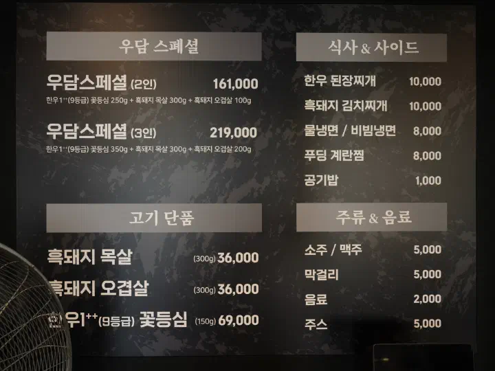 Udam menu board listing prices for Jeju black pork neck, belly, and 1++ Hanwoo ribeye
