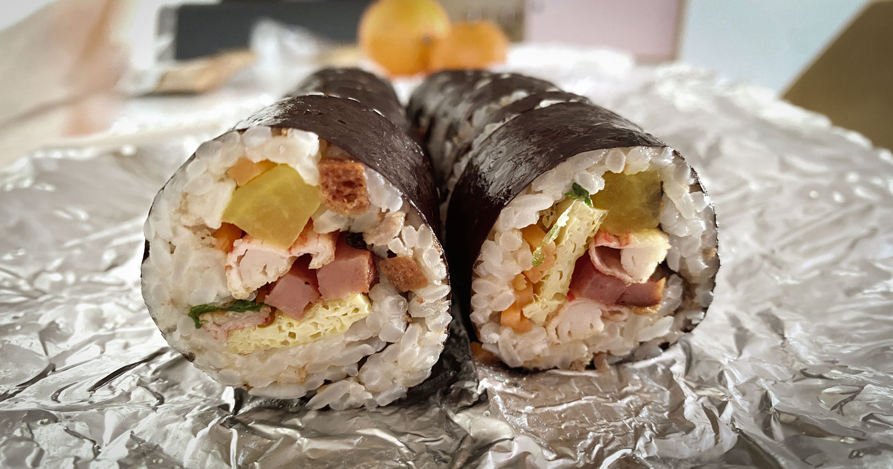 Foil-wrapped gimbap from Oneunjeong Gimbap in Seogwipo, Jeju