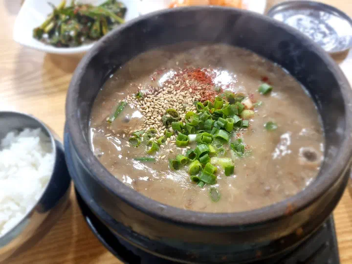 뚝배기에 고춧가루와 깨, 송송 썬 파를 얹어 나온 우진해장국 고사리육개장