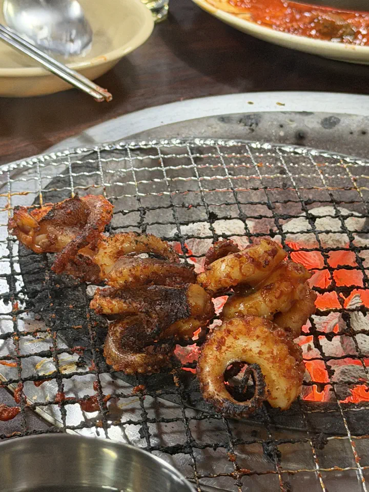 숯불에 노릇하게 구워진 충무로쭈꾸미불고기 양념 주꾸미 클로즈업