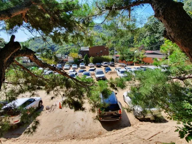 Free tiered parking lot at Mokhyangwon seen through pine branches, filled with cars