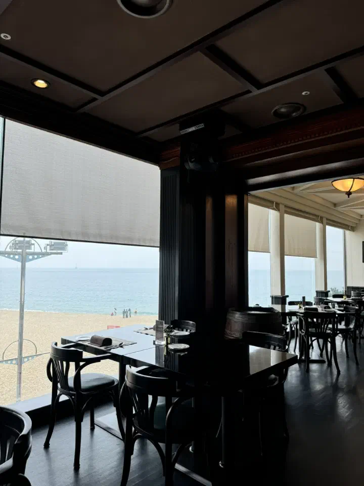 Floor-to-ceiling window with Haeundae beach view at O’Kim’s