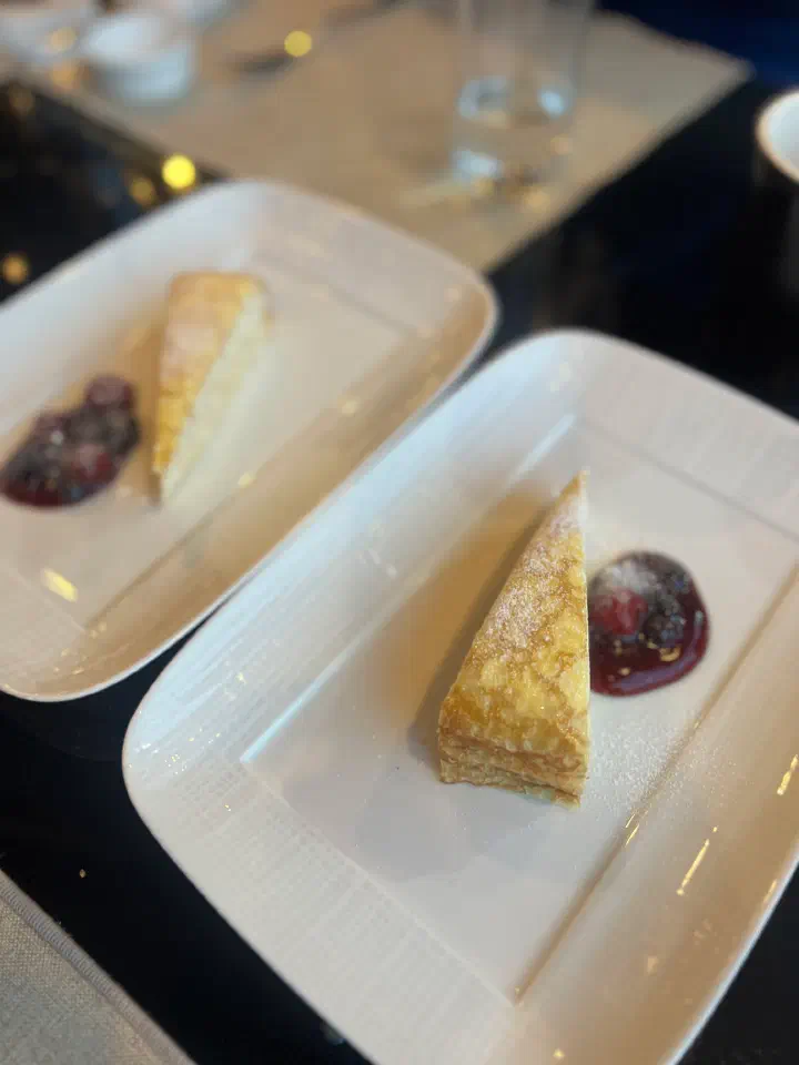 Lunch dessert with berry sauce at O’Kim’s
