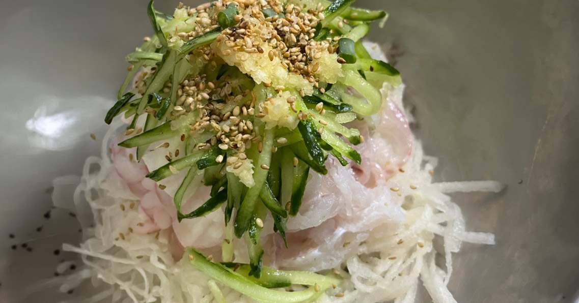 A bowl of fresh sashimi noodles at Daegung Hoetown in Homigot, Pohang