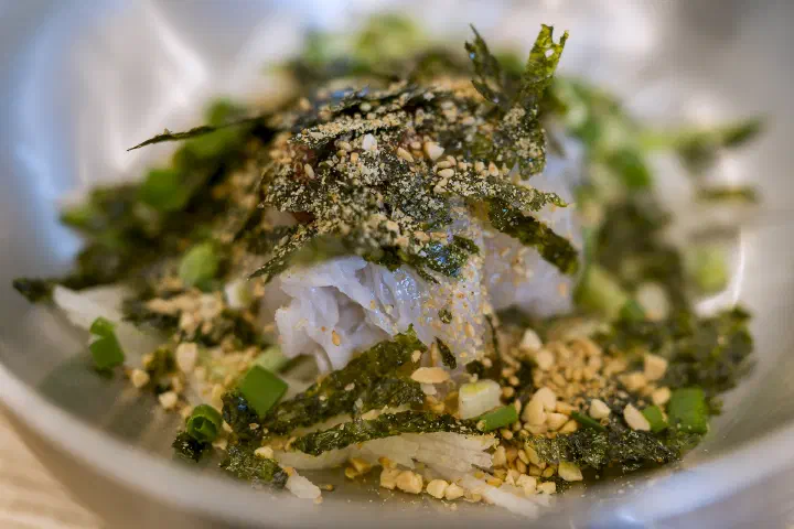 Close-up of the icy-broth mulhoe (물회) at Hwanyeo Hoetjip