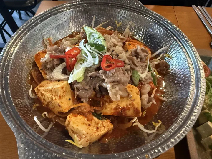Finished chadol dubu jorim with silk tofu, beef brisket, red chili, and scallion