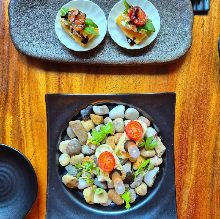 Tofu omakase course plating with ricotta arugula tofu sticks and a river stone dish