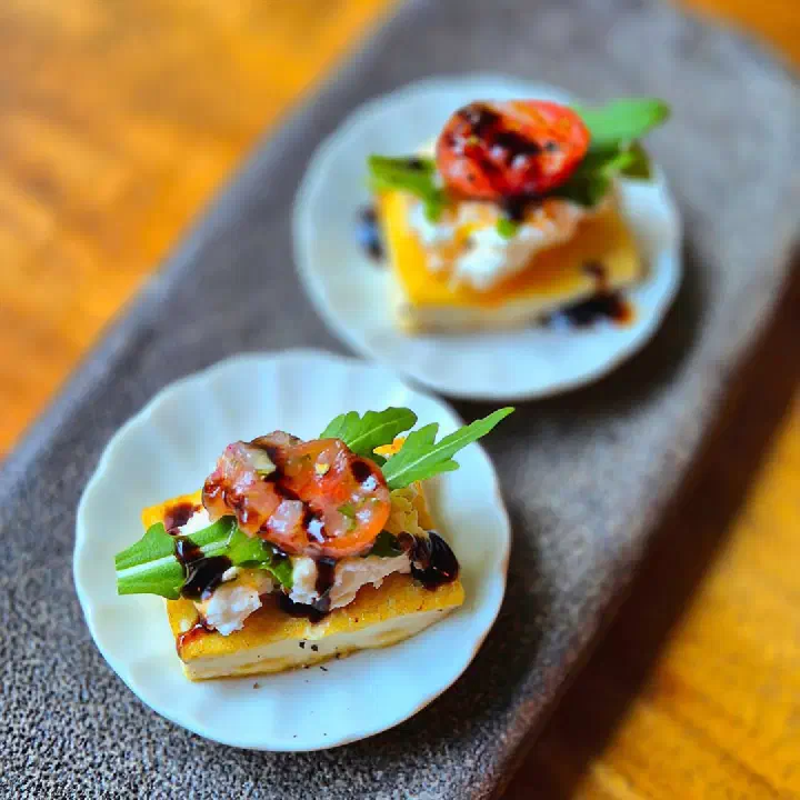 Ricotta and arugula tofu stick with balsamic glaze from the tofu omakase course