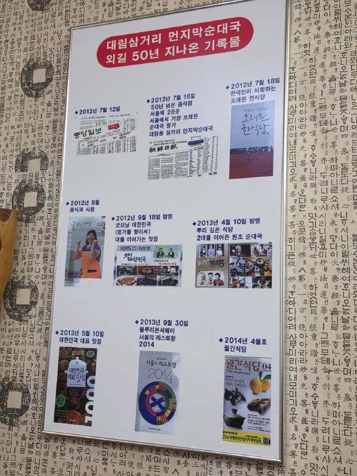 Framed record of Samgeori Meonjimak Sundaeguk&rsquo;s TV appearances and newspaper features