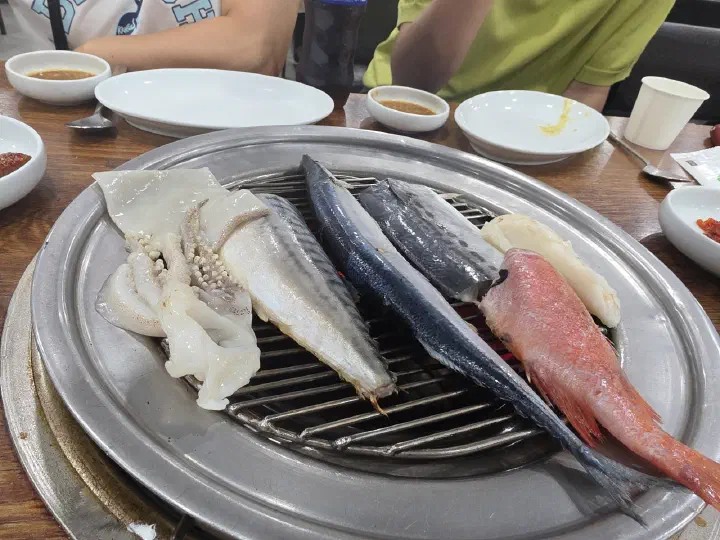 88생선구이 그날 들어온 생물 오징어와 고등어, 꽁치, 열기를 숯불에 올리기 직전