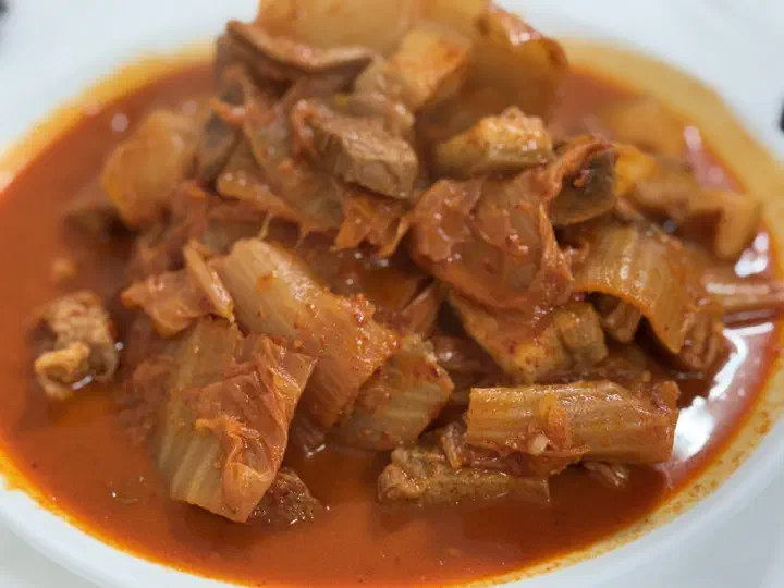 Macro shot of the sweet and sour red sauce in Jeonwon Sikdang’s duruchigi