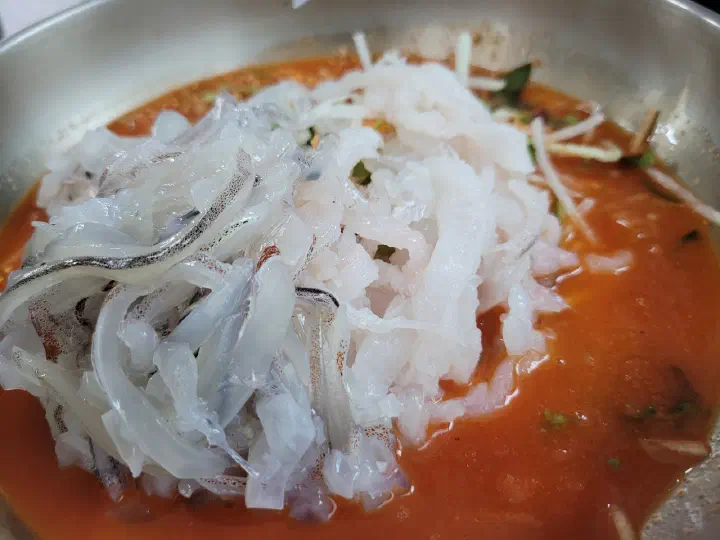 오징어와 가자미가 나란히 올라간 반반물회의 붉은 초장 육수