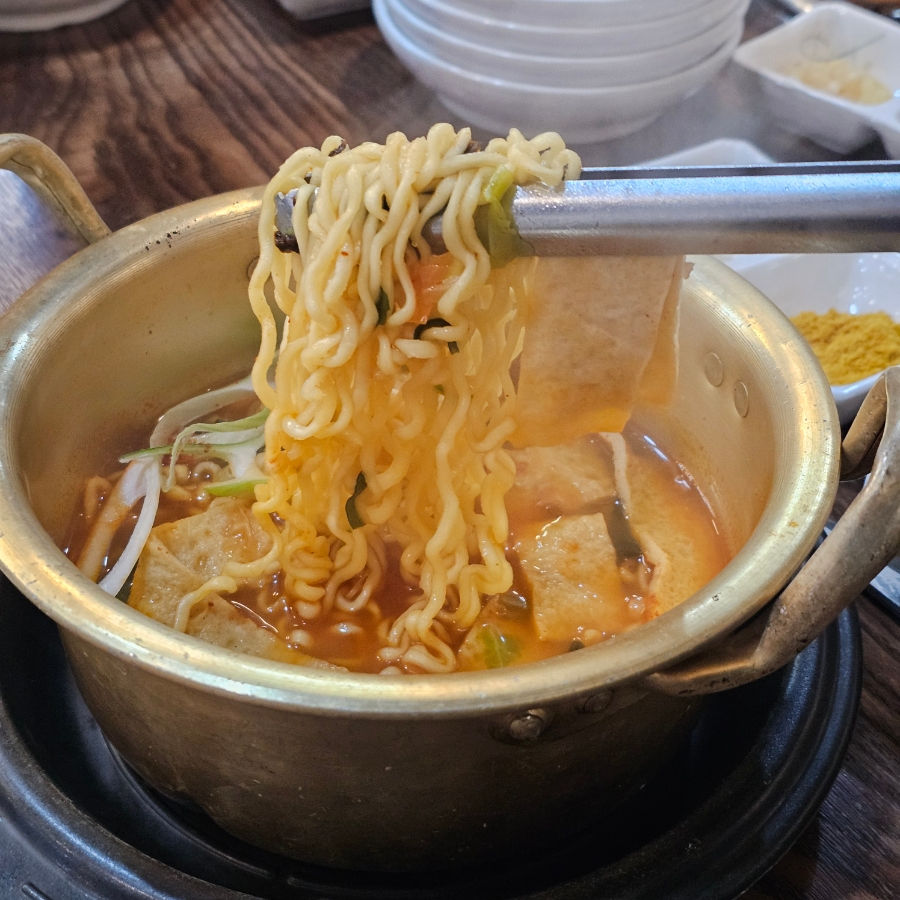 Kimchi jjigae with ramen noodles at Korean BBQ