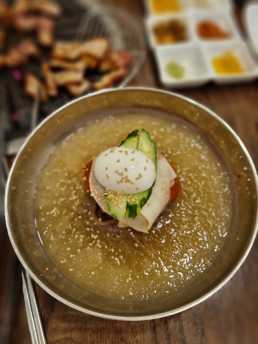 Cold mul naengmyeon buckwheat noodles in icy broth
