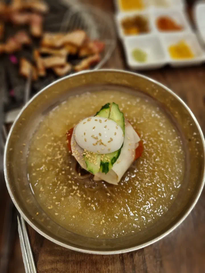 Cold mul naengmyeon buckwheat noodles in icy broth