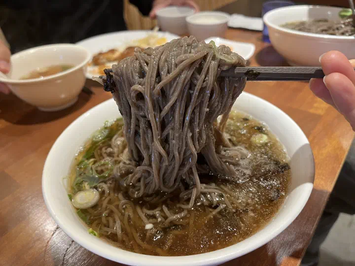 Close-up of buckwheat soba noodles at Bonyeoubonjeong