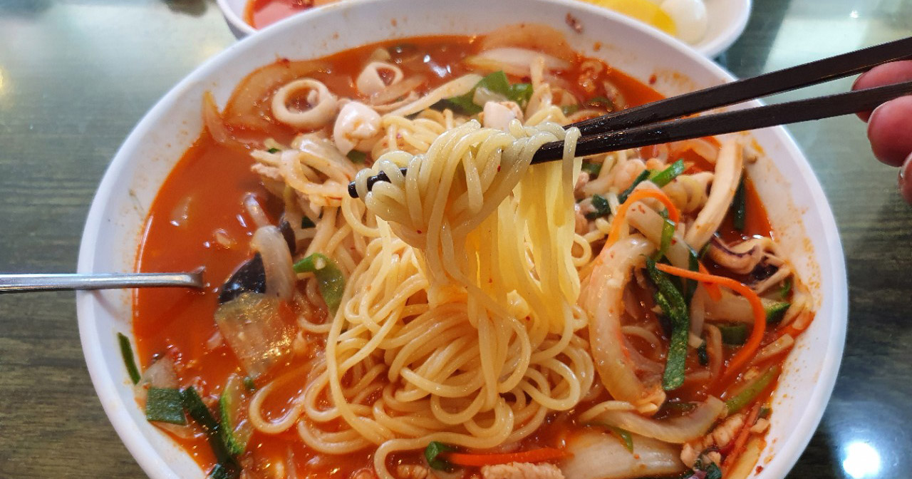 A big bowl of special stir-fried noodles at Donghaebanjeom in Eonyang, Ulsan