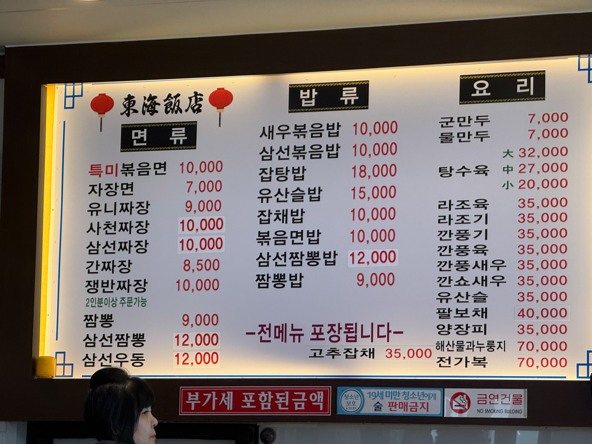 The menu board and prices at Donghaebanjeom