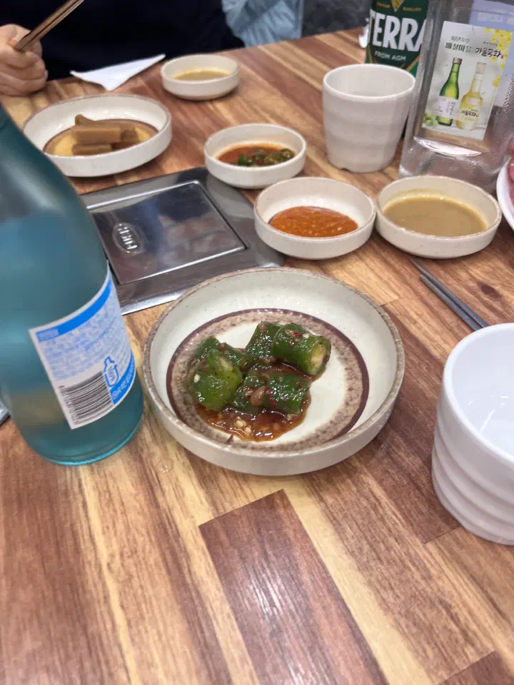 A full table spread with pork at Downmok Salgui