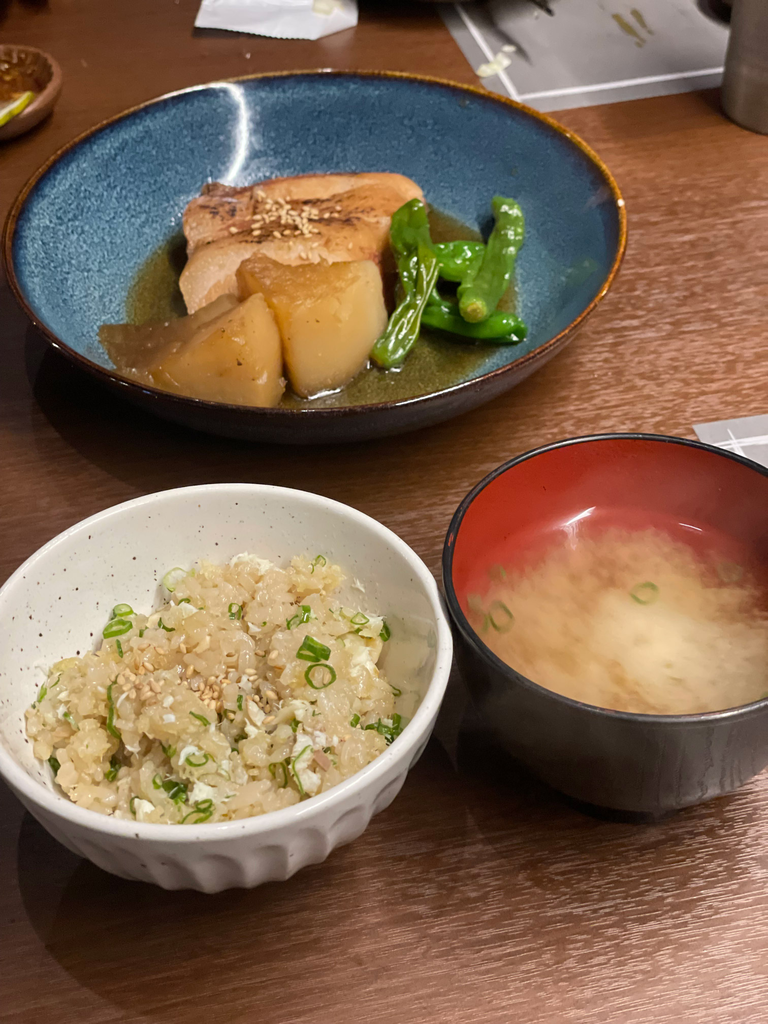 Braised pork jowl with daikon, rice, and miso soup