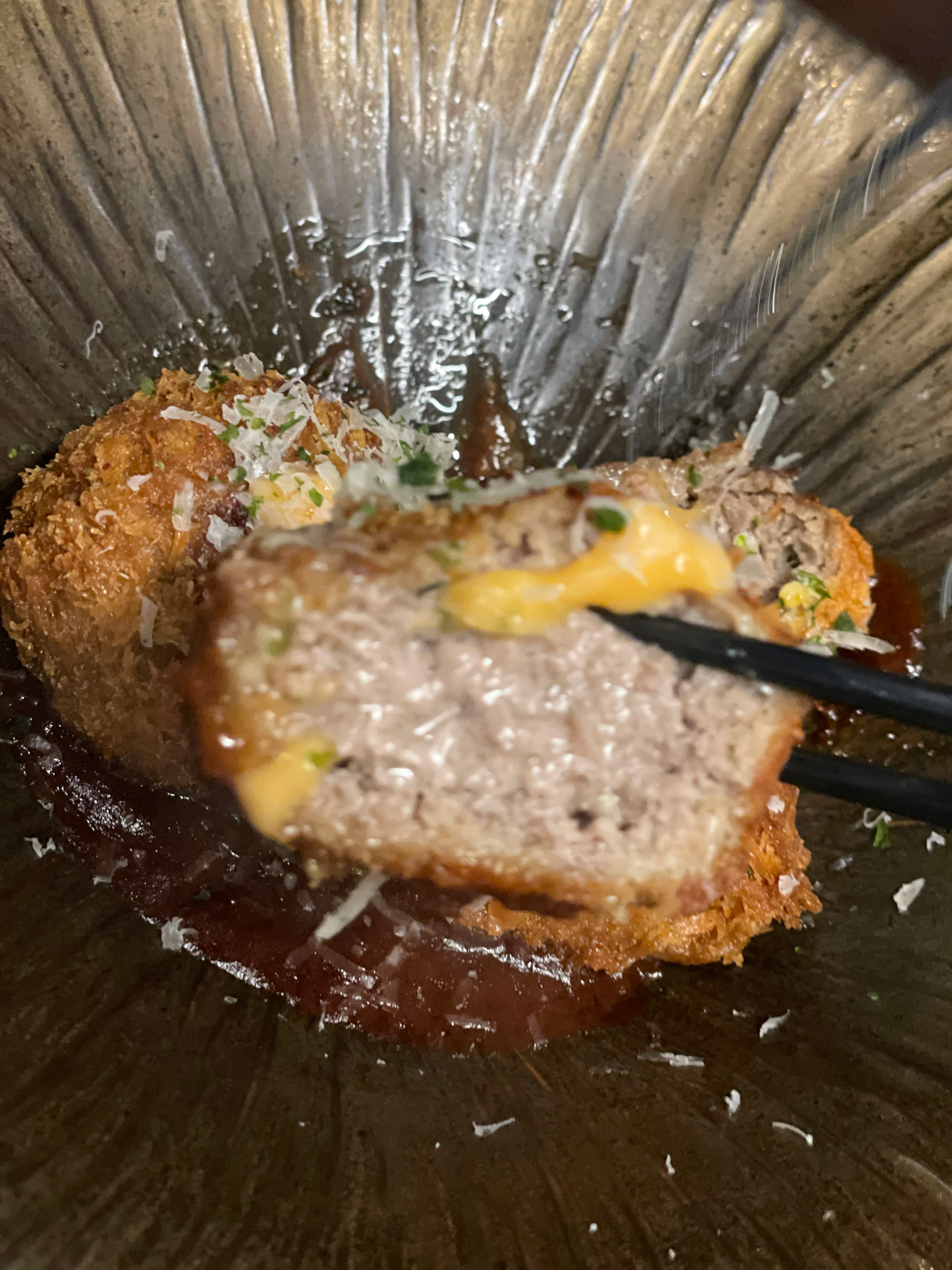 Menchi katsu cross-section showing the filling