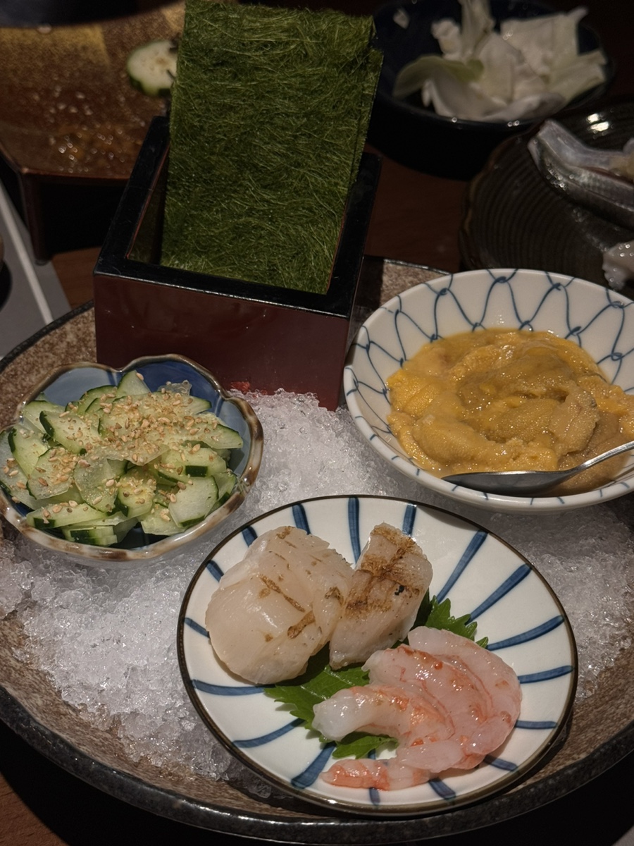 Uni, scallop, sweet shrimp, and gamtae course