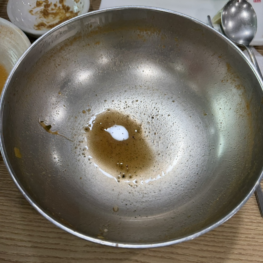 Empty metal bowl after finishing the spicy sujebi