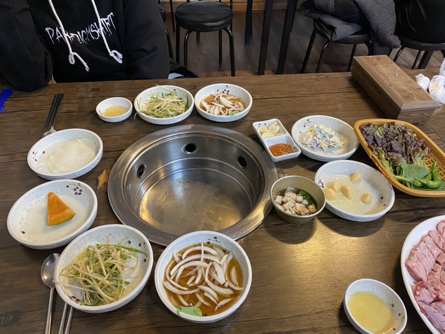 Full banchan spread on the table