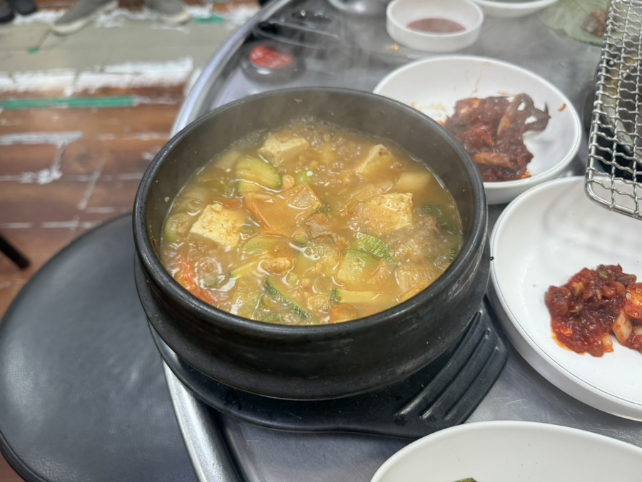 Doenjang jjigae with tofu and beef at Yeonchun, served in a stone bowl