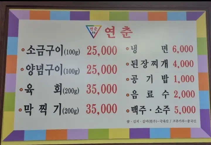 Yeonchun menu board showing galbisal prices per 100g