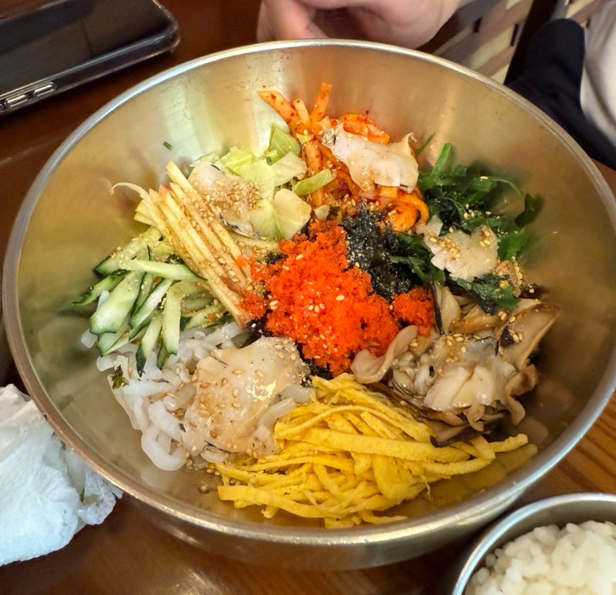 Close-up of abalone bibimbap at Wonjo Jeonbokjuk