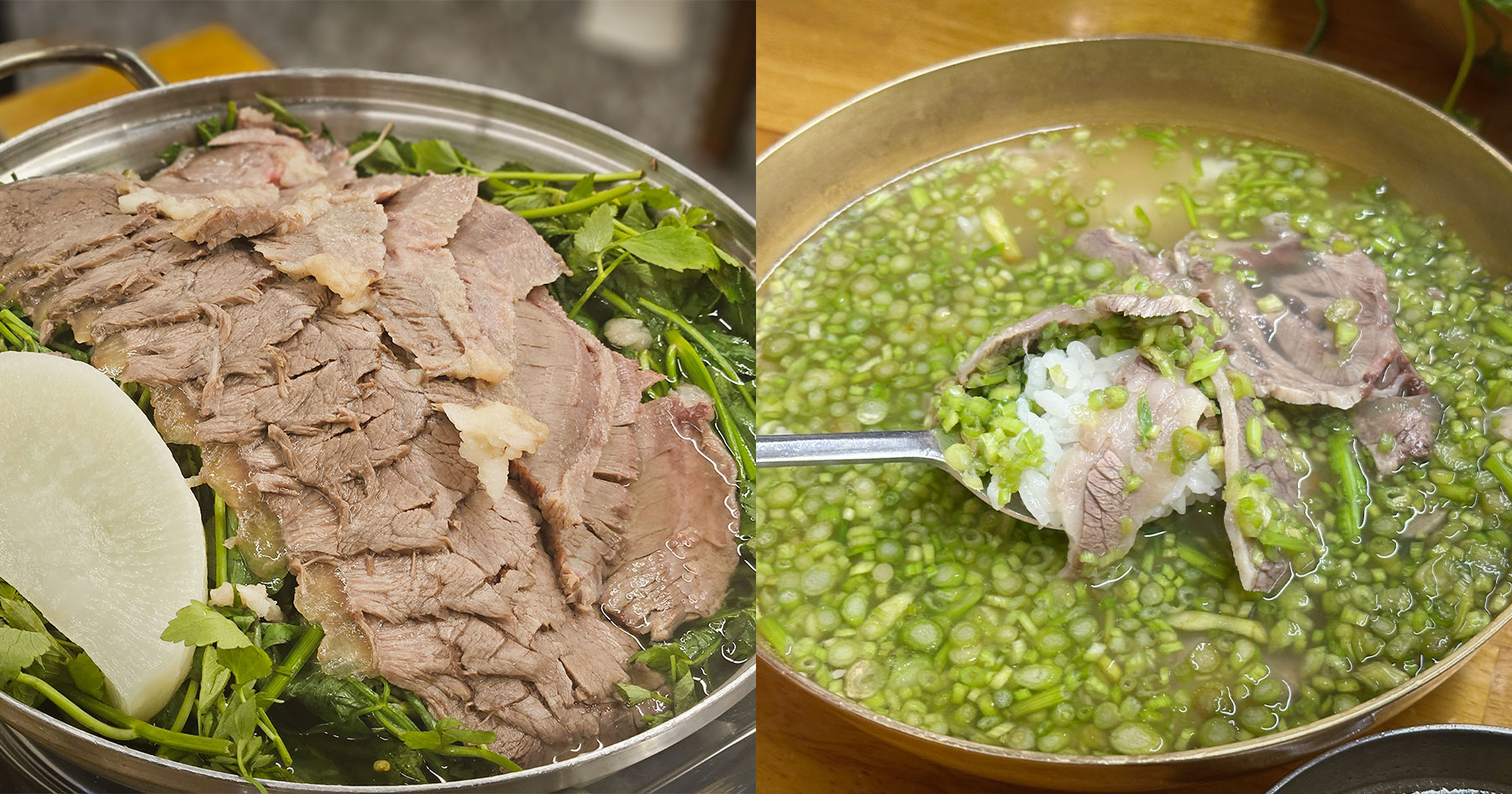 A bowl of Neungdong Minari gomtang topped with water dropwort