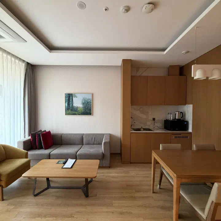 The living room of a Forest Resom guest suite with a sofa and a kitchenette