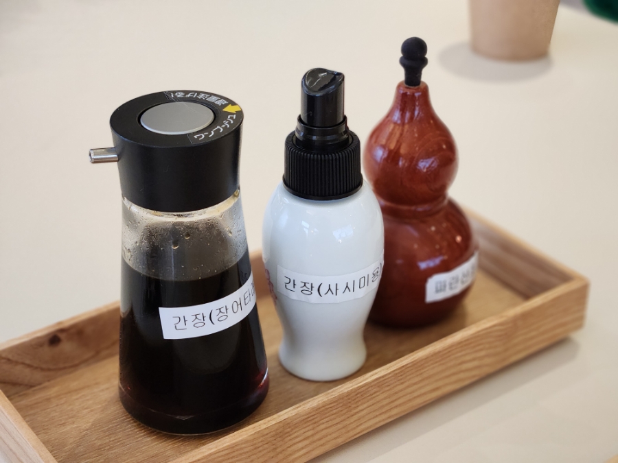 Three soy sauces at Dangmul Hitsumabushi - aged soy, sashimi soy, sansho pepper